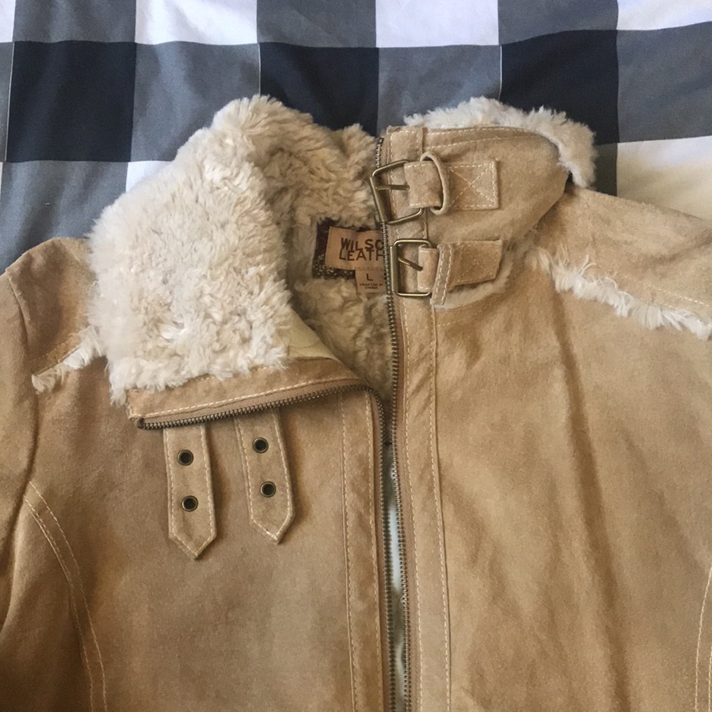 Womens WILSONS LEATHER Suede Camel Tan SHERPA Faux Fur Quilted Jacket Sz Large L - Picture 7 of 16